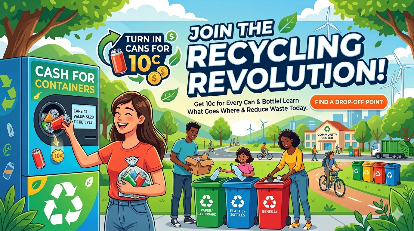 Join the recycling revolution banner showing children recycling cans and bottles for 10 cents